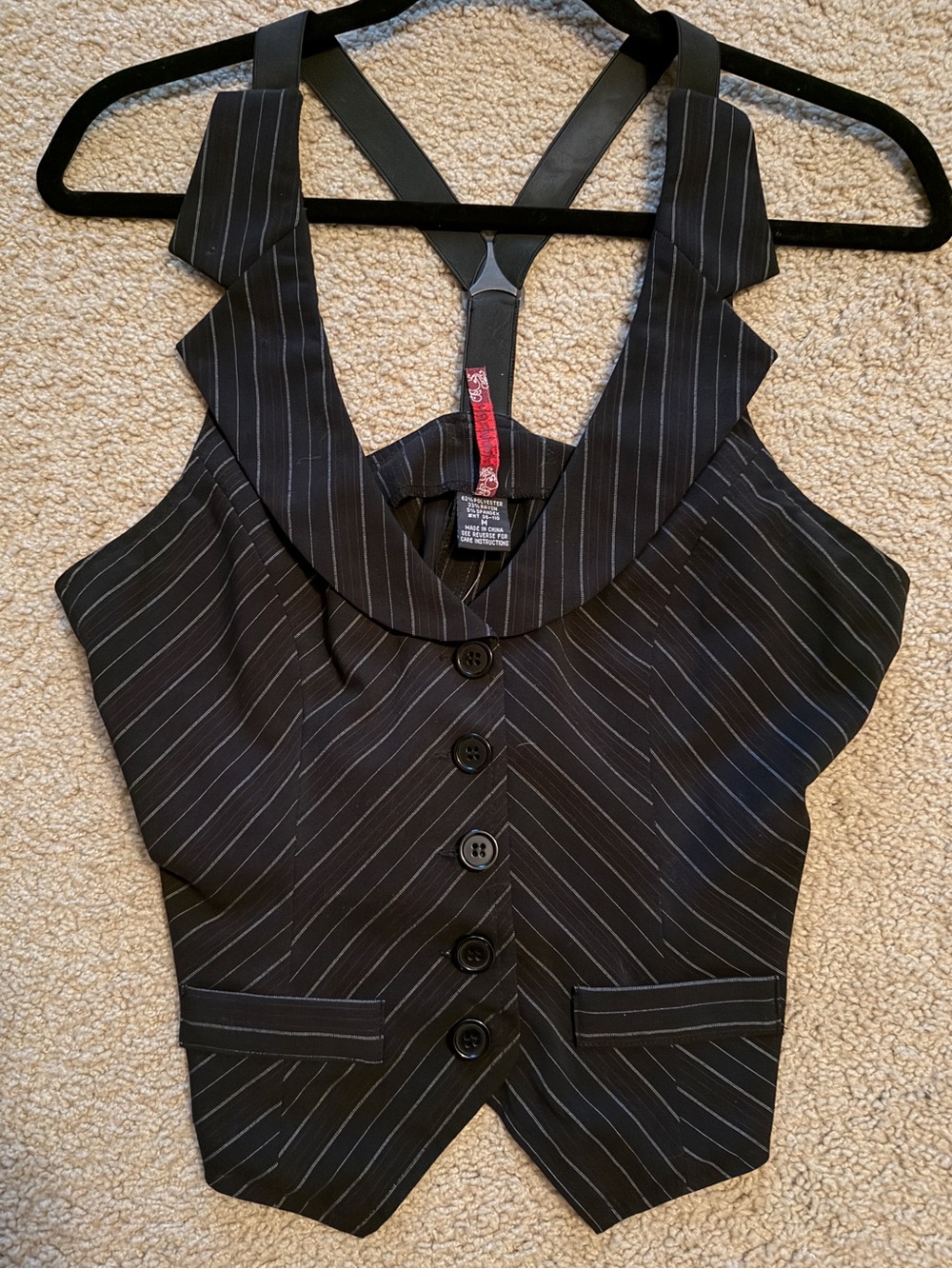 Black Pinstripe Crop Vest Top with Button Front